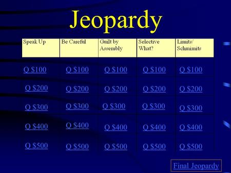 Jeopardy Q $100 Q $200 Q $300 Q $400 Q $500 Q $100 Q $200 Q $300 Q $400 Q $500 Final Jeopardy.