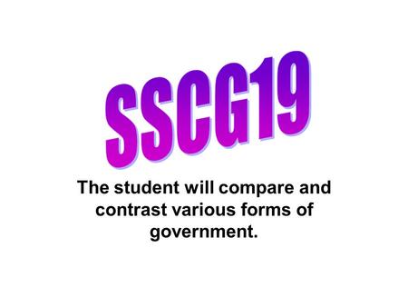 The student will compare and contrast various forms of government.