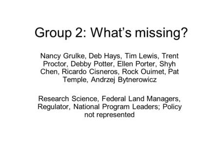 Group 2: What’s missing? Nancy Grulke, Deb Hays, Tim Lewis, Trent Proctor, Debby Potter, Ellen Porter, Shyh Chen, Ricardo Cisneros, Rock Ouimet, Pat Temple,