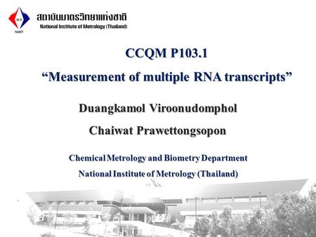 Chemical Metrology and Biometry Department National Institute of Metrology (Thailand) CCQM P103.1 “Measurement of multiple RNA transcripts” Duangkamol.