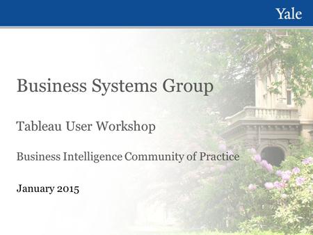 Business Systems Group Tableau User Workshop Business Intelligence Community of Practice Business Systems Group Tableau User Workshop Business Intelligence.