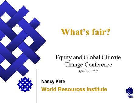 WRI What’s fair? Equity and Global Climate Change Conference April 17, 2001 Nancy Kete World Resources Institute.