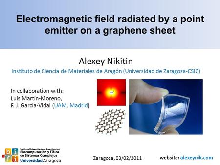 Electromagnetic field radiated by a point emitter on a graphene sheet Alexey Nikitin Instituto de Ciencia de Materiales de Aragón (Universidad de Zaragoza-CSIC)