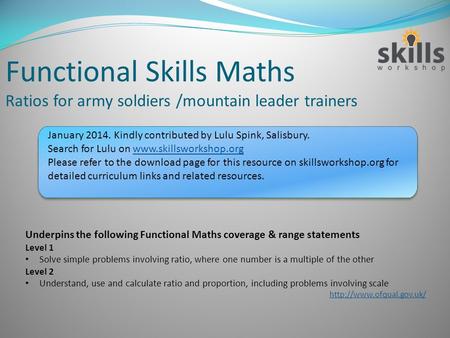 Functional Skills Maths Ratios for army soldiers /mountain leader trainers Underpins the following Functional Maths coverage & range statements Level 1.