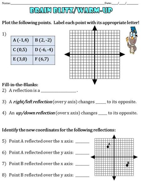 Plot the following points. Label each point with its appropriate letter! 1) Fill-in-the-Blanks: 2)A reflection is a ____________________. 3)A right/left.