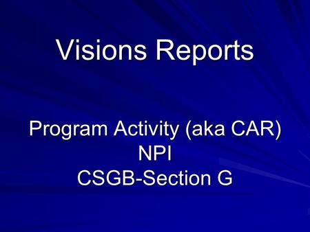 Visions Reports Program Activity (aka CAR) NPI CSGB-Section G.