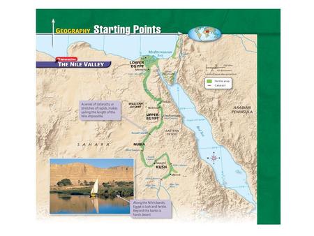 Geography of Egypt The Nile flooded every year –Predictable floodwaters with spring rains –Left rich, black silt Narrow band of fertile soil Became home.