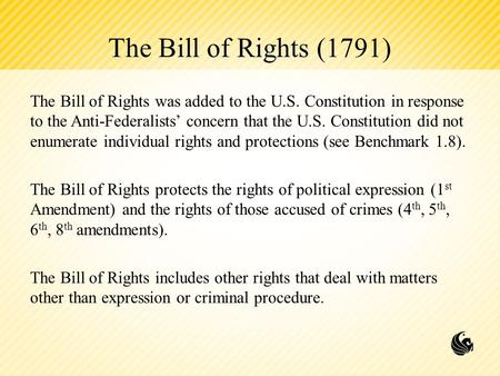 The Bill of Rights (1791) The Bill of Rights was added to the U.S. Constitution in response to the Anti-Federalists’ concern that the U.S. Constitution.