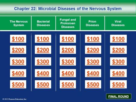 © 2013 Pearson Education, Inc. Chapter 22: Microbial Diseases of the Nervous System $100 $200 $300 $400 $500 $100$100$100 $200 $300 $400 $500 The Nervous.