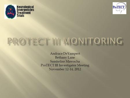 Andrace DeYampert Bethany Lane Samkeliso Mawocha ProTECT III Investigator Meeting November 12-14, 2012.