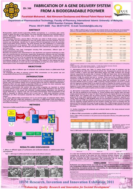 IIUM Research, Invention and Innovation Exhibition 2011 ‘ Enhancing Quality Research and Innovation for Societal Development’ Farahidah Mohamed, Abd Almonem.