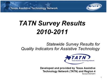 TATN Survey Results 2010-2011 Statewide Survey Results for Quality Indicators for Assistive Technology Developed and provided by Texas Assistive Technology.