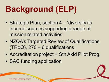 Background (ELP) Strategic Plan, section 4 – ‘diversify its income sources supporting a range of mission related activities’ NZQA’s Targeted Review of.