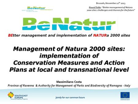 BENATUR BEtter management and implementation of NATURa 2000 sites Massimiliano Costa Province of Ravenna & Authority for Management of Parks and Biodiversity.