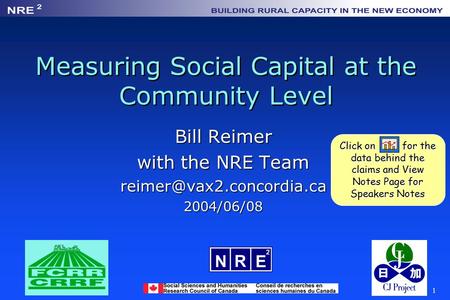 1 Measuring Social Capital at the Community Level Bill Reimer with the NRE Team Click on for the data behind the claims.