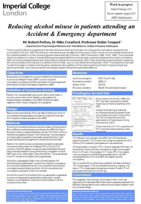 Examination of the effects at one year of referral for brief intervention by an Alcohol Health Worker (AHW) on levels of alcohol consumption, psychiatric.