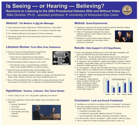 Abstract: The Medium Is Not the Message Hypotheses: Viewers, Listeners ‘See’ Same Debate Results: Data Support 5 of 6 Hypotheses Mike Dorsher, Ph.D., assistant.