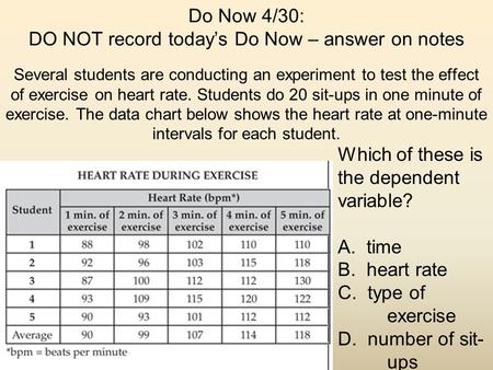 Do Now 4/30: DO NOT record today’s Do Now – answer on notes Several students are conducting an experiment to test the effect of exercise on heart rate.