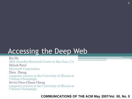 Accessing the Deep Web Bin He IBM Almaden Research Center in San Jose, CA Mitesh Patel Microsoft Corporation Zhen Zhang computer science at the University.