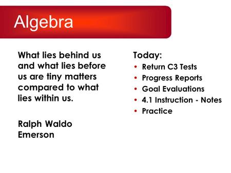 What lies behind us and what lies before us are tiny matters compared to what lies within us. Ralph Waldo Emerson Today: Return C3 Tests Progress Reports.