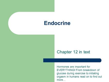 Endocrine Chapter 12 in text Hormones are important for EVERYTHING! From breakdown of glucose during exercise to initiating orgasm in humans read on to.