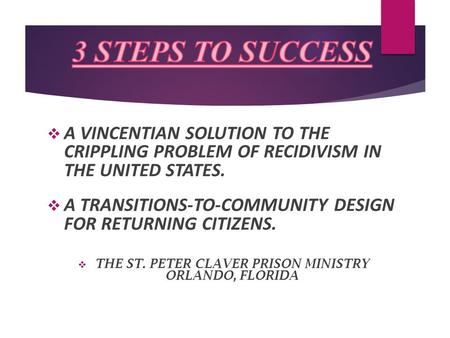  A VINCENTIAN SOLUTION TO THE CRIPPLING PROBLEM OF RECIDIVISM IN THE UNITED STATES.  A TRANSITIONS-TO-COMMUNITY DESIGN FOR RETURNING CITIZENS.  THE.