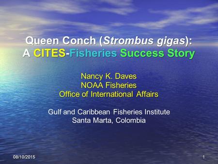 08/10/20151 Queen Conch (Strombus gigas): A CITES-Fisheries Success Story Nancy K. Daves NOAA Fisheries Office of International Affairs Gulf and Caribbean.