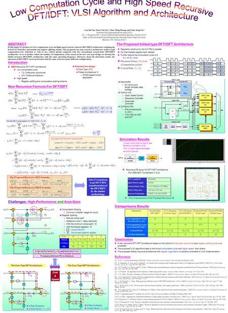 ABSTRACT Introduction NEW Recursive DFT/IDFT architecture Low computation cycle  1/2: Chebyshev polynomial  2/N: Folded architecture High speed  Register-splitting.