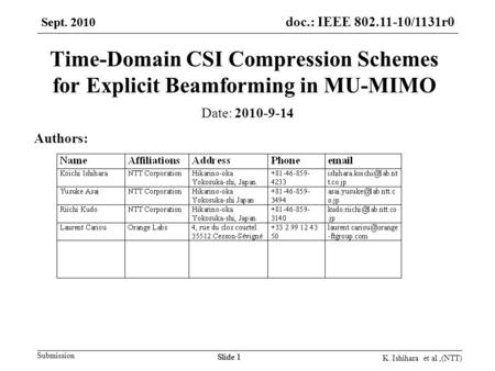 Doc.: IEEE 802.11-09/0161r1 Submission doc.: IEEE 802.11-10/1131r0 Sept. 2010 K. Ishihara et al.,(NTT) Slide 1 Sept. 2010 Slide 1 Time-Domain CSI Compression.