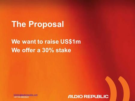 The Proposal We want to raise US$1m We offer a 30% stake +97155 9922622.