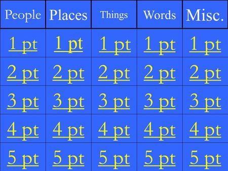 2 pt 3 pt 4 pt 5 pt 1 pt 2 pt 3 pt 4 pt 5 pt 1 pt 2 pt 3 pt 4 pt 5 pt 1 pt 2 pt 3 pt 4 pt 5 pt 1 pt 2 pt 3 pt 4 pt 5 pt 1 pt People Places Things Words.