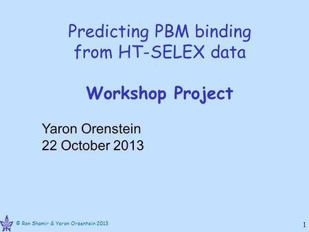 © Ron Shamir & Yaron Oresntein 2013 1 Predicting PBM binding from HT-SELEX data Workshop Project Yaron Orenstein 22 October 2013.