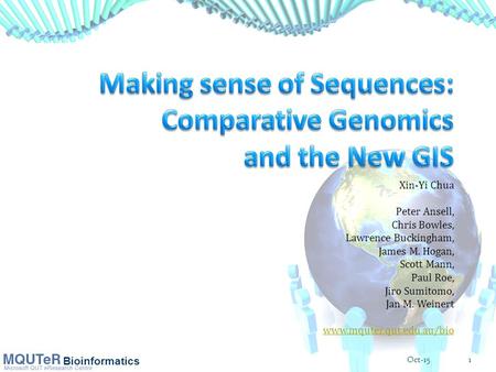 Bioinformatics Xin-Yi Chua Peter Ansell, Chris Bowles, Lawrence Buckingham, James M. Hogan, Scott Mann, Paul Roe, Jiro Sumitomo, Jan M. Weinert www.mquter.qut.edu.au/bio.