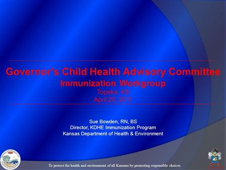 Bee Wise Immunize Governor’s Child Health Advisory Committee Immunization Workgroup Topeka, KS April 29, 2011 Sue Bowden, RN, BS Director, KDHE Immunization.