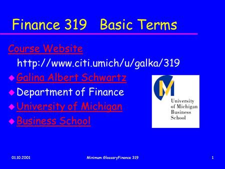 01.10.2001Minimum GlossaryFinance 3191 Finance 319 Basic Terms Course Website  u Galina Albert Schwartz Galina Albert.