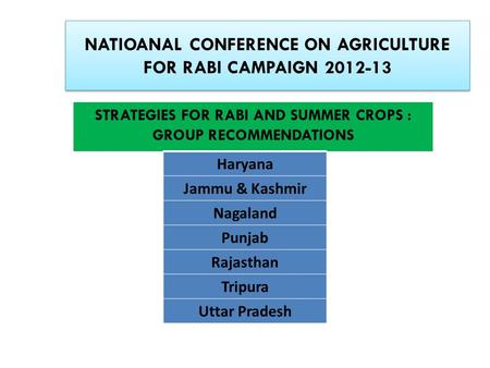 NATIOANAL CONFERENCE ON AGRICULTURE FOR RABI CAMPAIGN 2012-13 STRATEGIES FOR RABI AND SUMMER CROPS : GROUP RECOMMENDATIONS Haryana Jammu & Kashmir Nagaland.