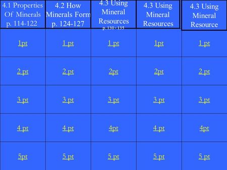 2 pt 3 pt 4 pt 5pt 1 pt 2 pt 3 pt 4 pt 5 pt 1 pt 2pt 3 pt 4pt 5 pt 1pt 2pt 3 pt 4 pt 5 pt 1 pt 2 pt 3 pt 4pt 5 pt 1pt 4.1 Properties Of Minerals p. 114-122.