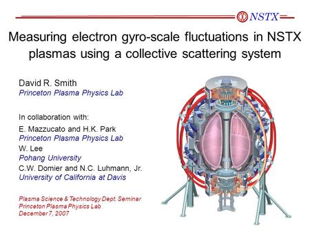 Measuring electron gyro-scale fluctuations in NSTX plasmas using a collective scattering system David R. Smith Princeton Plasma Physics Lab In collaboration.