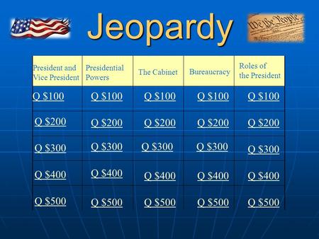 Jeopardy President and Vice President Presidential Powers The Cabinet Bureaucracy Q $100 Q $200 Q $300 Q $400 Q $500 Q $100 Q $200 Q $300 Q $400 Q $500.