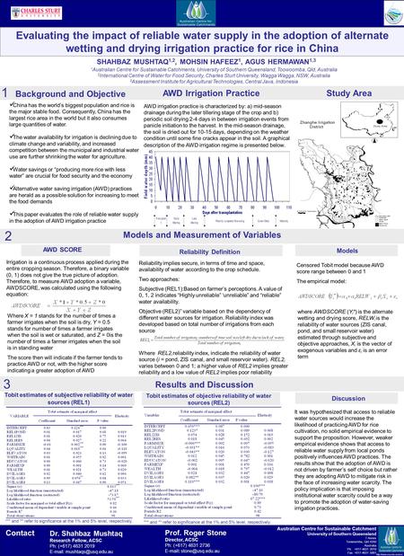 SHAHBAZ MUSHTAQ 1,2, MOHSIN HAFEEZ 1, AGUS HERMAWAN 1,3 1 Australian Centre for Sustainable Catchments, University of Southern Queensland, Toowoomba, Qld,