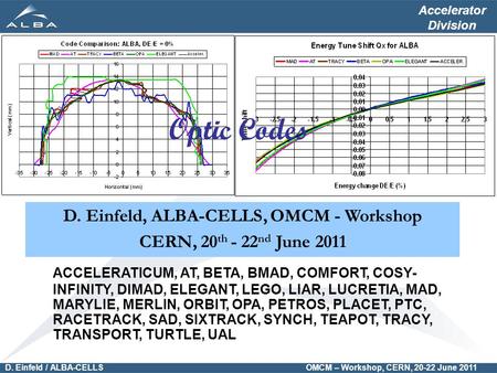 D. Einfeld / ALBA-CELLS OMCM – Workshop, CERN, 20-22 June 2011 Accelerator Division ACCELERATICUM, AT, BETA, BMAD, COMFORT, COSY- INFINITY, DIMAD, ELEGANT,