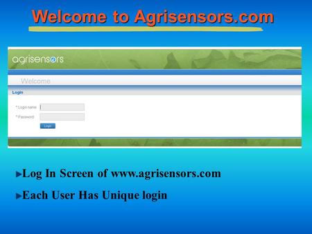 Welcome to Agrisensors.com Log In Screen of www.agrisensors.com Each User Has Unique login.