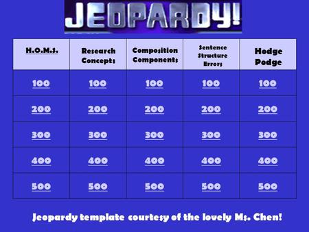 100 H.O.M.S. 400 300 200 500 100 Research Concepts 400 300 200 500 100 Composition Components 400 300 200 500 100 Sentence Structure Errors 400 300 200.