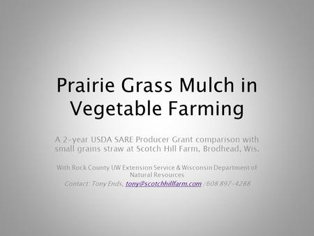 Prairie Grass Mulch in Vegetable Farming A 2-year USDA SARE Producer Grant comparison with small grains straw at Scotch Hill Farm, Brodhead, Wis. With.