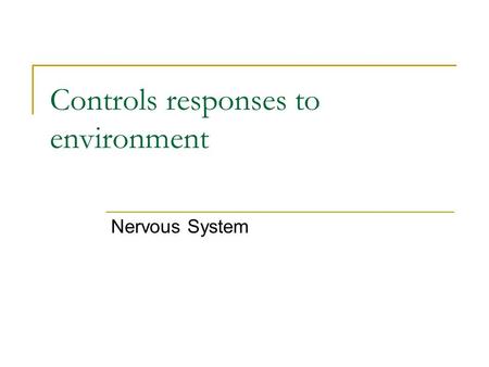 Controls responses to environment Nervous System.