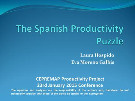 Laura Hospido Eva Moreno Galbis CEPREMAP Productivity Project 23rd January 2015 Conference The opinions and analyses are the responsibility of the authors.