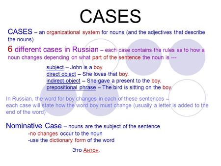 CASES CASES – an organizational system for nouns (and the adjectives that describe the nouns) 6 different cases in Russian – each case contains the rules.