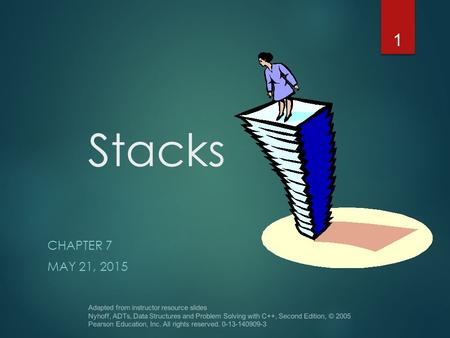 Stacks CHAPTER 7 MAY 21, 2015 Adapted from instructor resource slides Nyhoff, ADTs, Data Structures and Problem Solving with C++, Second Edition, © 2005.