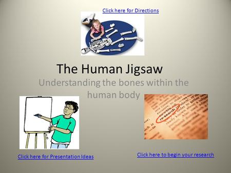 The Human Jigsaw Click here for Directions Click here to begin your research Understanding the bones within the human body Click here for Presentation.