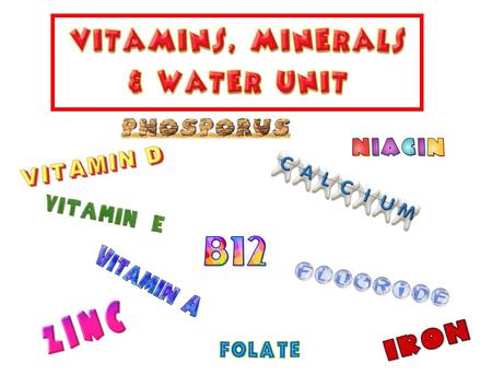 Intro to Vitamins, Minerals & Water 1. What is the main function of vitamins and minerals? To regulate body functions 2. What foods are a lot of the vitamins.